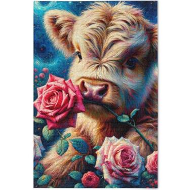Imagem de Quebra-cabeça rosa floral vaca highland gado para adultos 1000 peças natureza engraçado jogo de quebra-cabeça presentes cena quebra-cabeças coloridos família brinquedo arte, 75 cm x 50 cm