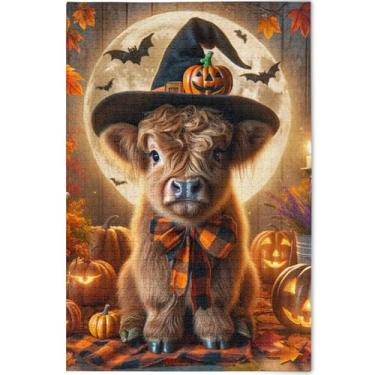 Imagem de Quebra-cabeça de abóbora de Halloween Highland Cow para adultos 500 peças presentes para amantes de quebra-cabeças personalizado Cool Prime Puzzles pintura de belas artes, 52 cm x 37,8 cm