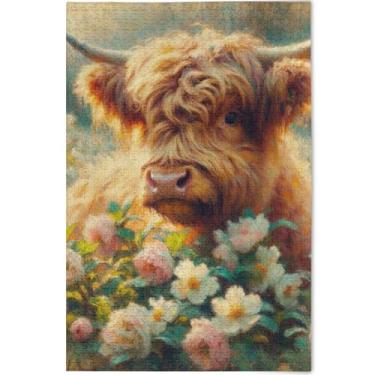Imagem de Quebra-cabeça Highland bezerro vaca primavera flores para adultos 500 peças engraçadas jogo tecnologia presentes personalizados natureza divertido quebra-cabeça brinquedo de arte, 52 cm x 37,8 cm