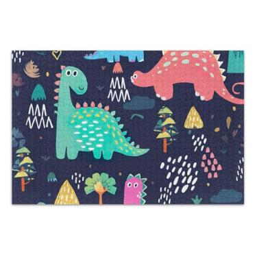 Imagem de Quebra-cabeça de dinossauros fofos adultos coloridos 500 peças pintura artística personalizada cena de inverno quebra-cabeça presentes para amantes de quebra-cabeça, 51 x 35 centímetros