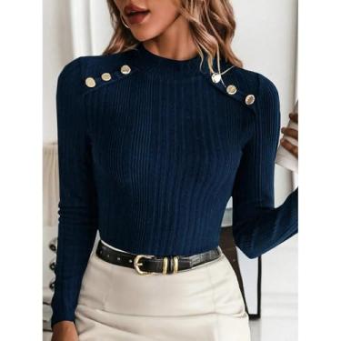 Imagem de Blusa feminina azul-marinho canelada com gola rolê e manga comprida com botões e ombros, Azul escuro, X-Small