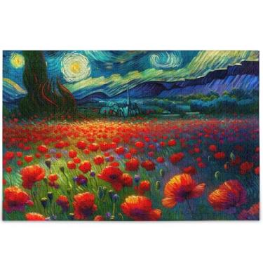 Imagem de Quebra-cabeças personalizados de flores de papoula de noite estrelada, 500 peças para adultos, jogos de quebra-cabeça, presentes tecnológicos, divertidos para a família, decoração de arte animal, 52
