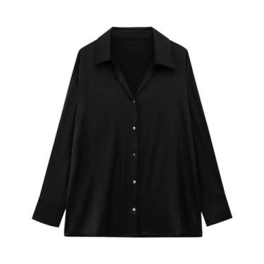 Imagem de Camisa Feminina De Manga Longa Com Botões, Corte Relaxado, Gola Pontud