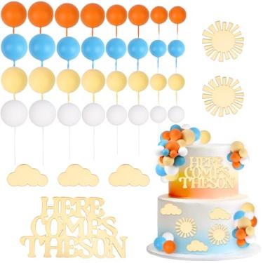 Imagem de CORNER LACE 38Pcs Here Come The Son Themed Baby Shower Cake Decorations, Orange Yellow Blue White Ball Balloon Cupcake Picks Acrylic Cake Topper Welcome Baby Party Decor Supplies Photo Booth Prop