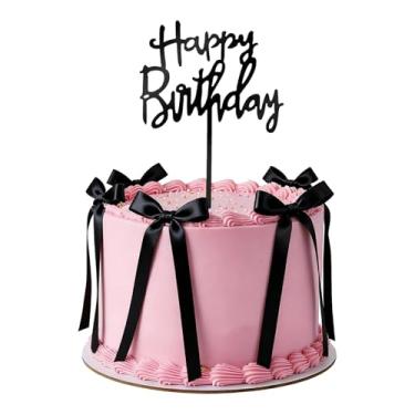 Imagem de Heclia Black Satin Ribbon Bows Twist Tie Satin Pink Bow for Cake Bow Cakes Topper 12PCS Pre-tied Bowknot Gift Wrapping with 2PCS Happy Birthday Sign Vintage Cake Party Snack Bag Wedding Birthday Decor