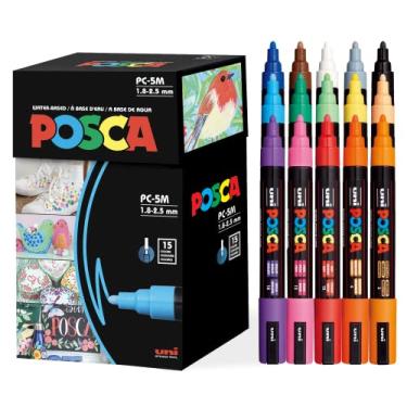 Imagem de Posca Marcadores de arte de tinta, conjunto de 15 marcadores posca médios 5M com pontas reversíveis, conjunto de canetas de tinta acrílica para presentes, tecido decorativo, metal, vidro, madeira e