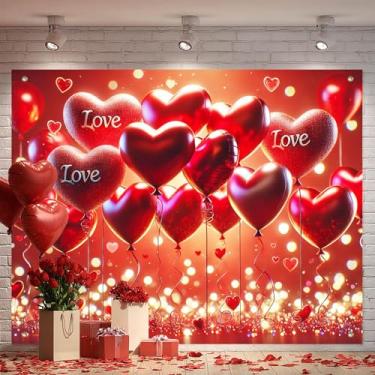 Imagem de BlissYard Cenário fotográfico de balão de coração cintilante, tema de amor, 20 x 1,8 m, vermelho, com corações flutuantes para casamento, noivado, festa de aniversário de casamento, plano de fundo de