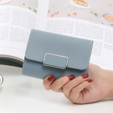 Imagem de Carteira de couro pequena feminina com fivela de metal azul, Azul