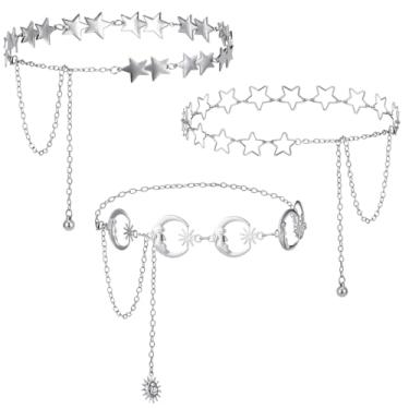 Imagem de JATEBI 3 peças de cinto feminino estrela metal corrente multicamadas cintos para mulheres meninas adequado para uso formal jeans vestidos calças casuais (prata)