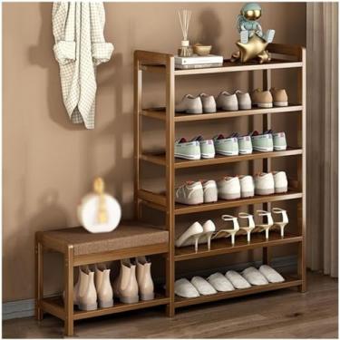 Imagem de HHHJQFAAT Sapateira com banco, banco de sapatos de bambu de entrada, rack organizador com prateleiras de armazenamento e almofada de assento para prateleiras de organização de sapateiras de corredor