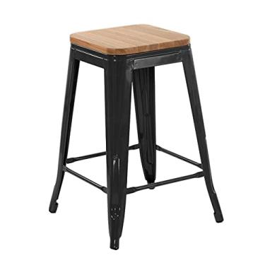 Imagem de Loft7, Banqueta Iron Tolix com assento de madeira rústica clara - 61 cm - Preto