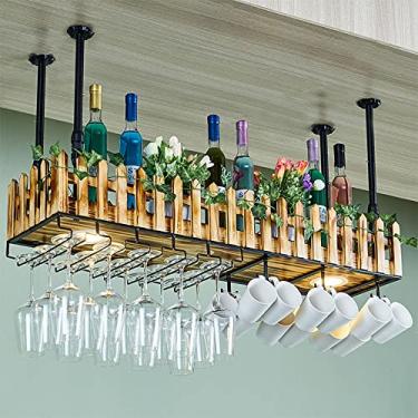 Imagem de Prateleira de vinho rústica para pendurar com suporte de vidro e prateleira barra de teto ajustável com luzes suporte de garrafa de ferro prateleira de vinho