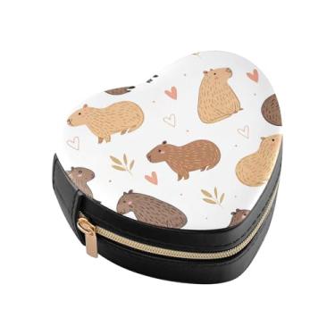Imagem de Burbuja Capybara Caixa de joias em forma de coração mini estojo de joias de viagem para mulheres e meninas, estojo portátil organizador de armazenamento para brincos, anéis, colares e pulseiras