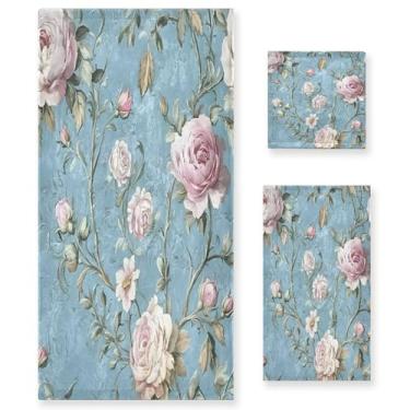 Imagem de xigua Conjunto de toalhas de banheiro vintage rosa floral absorvente macio 3 peças toalha de banho toalha de mão toalhas decorativas para banheiro, academia, hotel, praia, piscina