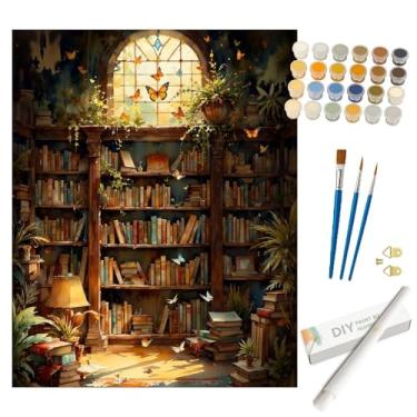 Imagem de Kit de pintura por números de biblioteca de jardim para adultos – Livros faça você mesmo e borboletas em tela enrolada 40,6 x 50 cm, conjunto de tinta acrílica para iniciantes, arte para decoração de