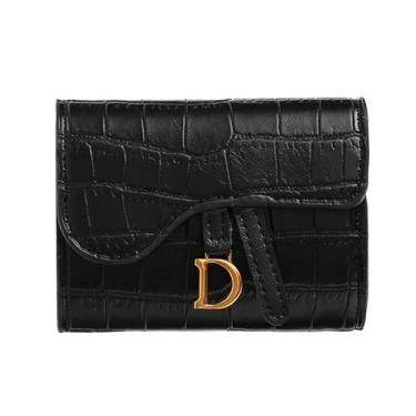 Imagem de Carteira feminina com textura de jacaré com três dobras D e porta-moedas, Preto, Retrô