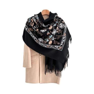 Imagem de Cachecol Floral Feminino Quente 70x210cm, Xale De Caxemira Sintética, 