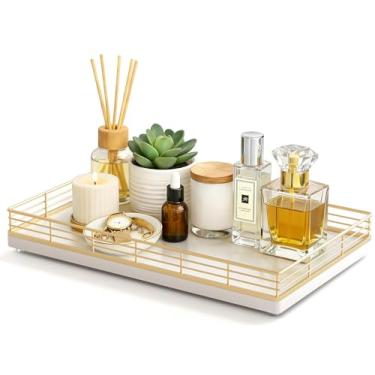 Imagem de Bandeja de vaso sanitário – 33 cm x 20 cm traseira do cesto de vaso sanitário, bandeja de banheiro para bancada, moldura branca e dourada de madeira oka