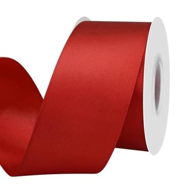 Imagem de Yamkim Fita de cetim vermelha de 5 cm, 25 metros, fitas de cetim de poliéster de dupla face, ideais para embrulho de presente, artesanato, convites, casamento, buquê de flores, costura