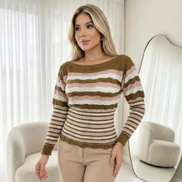 Imagem de Blusa Tricot Manga Longa Listrada Canoa - Vitrine Collection, Marrom, 