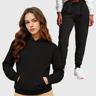 Imagem de Conjunto Moletom Blusa Canguru + Calça Feminina Lisa-Feminino