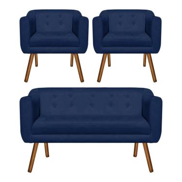 Imagem de Kit 01 Namoradeira E 02 Poltronas Julia Suede Azul Marinho