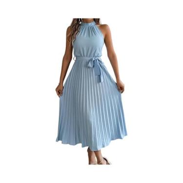 Imagem de Vestido Midi Plissado Feminino De Verão Sem Mangas Com Gola Halter, Mo