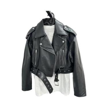 Imagem de Jaqueta Feminina De Couro Lavado Vintage Com Cinto, Casaco Curto Com Z