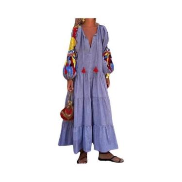 Imagem de Vestido Longo Feminino Solto Com Manga Longa Listrada E Decote Em V, E