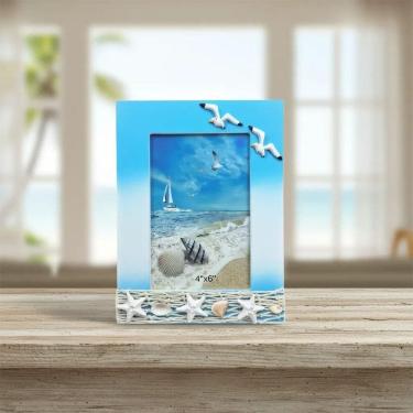 Imagem de Porta Retrato Retangular Marítimo Náutico 20x14,5cm Branco e Azul Dantas