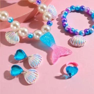 Imagem de Kit Bijuterias Acessórios Sereia Infantil com Colar Brincos Pulseira e