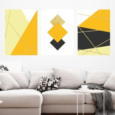 Imagem de Kit 3 Quadros Decorativos Linhas Douradas - Geométrico