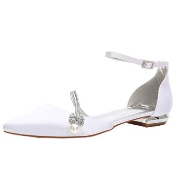 Imagem de Sapato feminino bico fino D-Orsay Rhinstones pérola sem salto baixo, Branco, 8.5