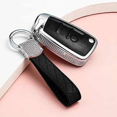 Imagem de YJADHU Suporte de proteção feminino capa de chave de carro capa de chave de couro chaveiro anel, apto para AUDI A1 A4 A3 A6 TT Q3 Q7 S3, preto com chaveiroB