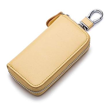 Imagem de Bolsa de couro genuíno com 2 compartimentos para cartão, 6 ganchos e 1 cartão de acesso, capa para chave de carro, carteira para homens e mulheres, Dourado, 1 pcs