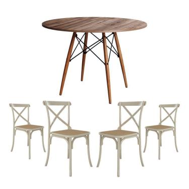Imagem de Conjunto De Mesa Eiffel Redondo Tampo De Madeira 90Cm Amêndoa Com 4 Cadeiras Katrina Off White