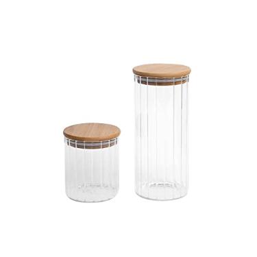 Imagem de Kit 2 potes vidro herméticos para mantimentos canelado com tampa de bambu - Oikos