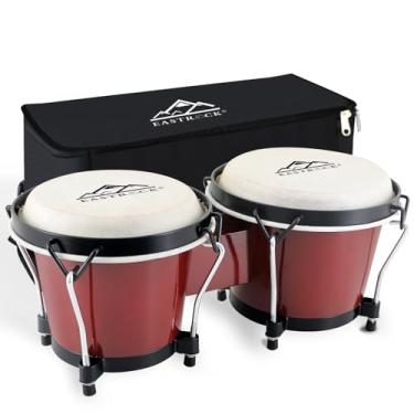 Imagem de EASTROCK Conjunto de bongôs bongôs de 15 cm e 18 cm para adultos, crianças, iniciantes, profissionais, instrumentos de percussão de bateria de madeira e metal com bolsa e chave de afinação (vermelho)