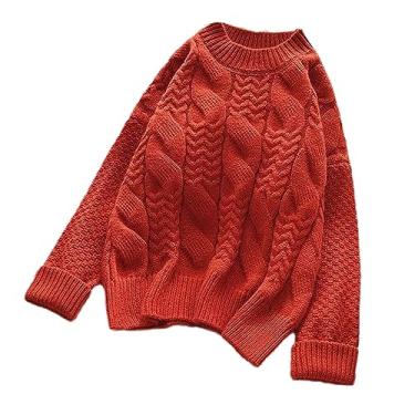 Imagem de Suéter feminino de lã com gola redonda e manga comprida para outono e inverno, Vermelho Plus Fleece, X-Small
