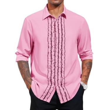 Imagem de Runcati Camisa social masculina de manga comprida com babados e botões plissados para festas e jantares, rosa, GG