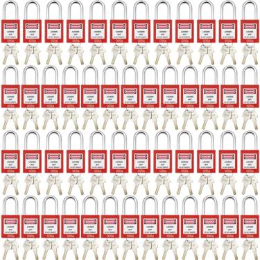 Imagem de Fechadura com etiqueta de bloqueio, 50 peças com chave igual à OSHA Loto, fechaduras com chave de segurança, mesmos cadeados para bloqueio, etiqueta, estações e dispositivos, vermelho (50 peças mesmo