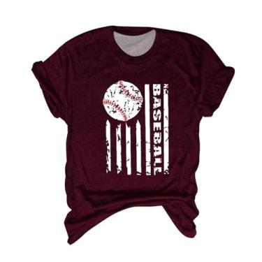 Imagem de Camiseta feminina de beisebol estampada gola redonda camiseta solta manga curta túnica camiseta de beisebol verão, Vinho - B, P