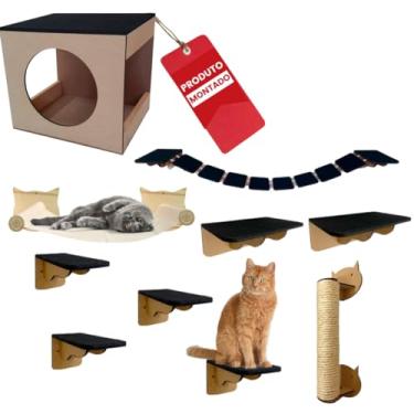 Imagem de Playground para Gatos Gatificação Parede 10 peças Com Arranhador e Rede Suspensa