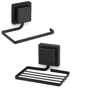 Imagem de Kit Suporte Banheiro Lavabo Porta Papel Higiênico de Parede Fixação Dupla Face Sem Furo + Porta Saboneteira Banheiro Suporte Parede Banheiro Porta Sabonete em Barra - PRETO