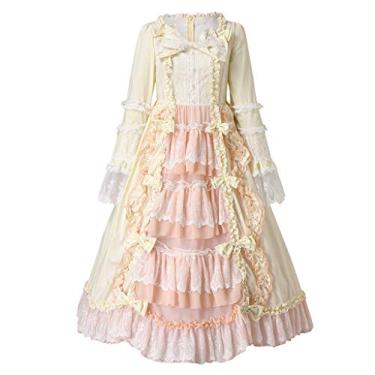 Imagem de Vestido feminino gótico de Halloween feminino Aissance fantasia gola cordão manga sino vestido longo com bolsos feminino, Bege, XGG