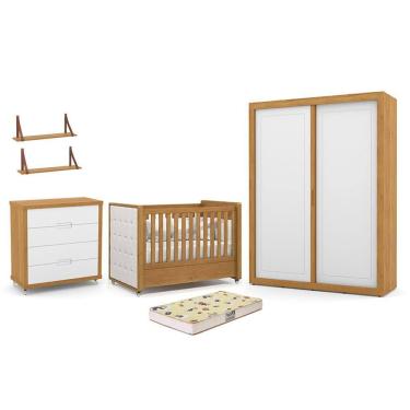 Imagem de Dormitório Tutto 2 Portas, Cômoda, Berço com Capitonê, Colchão Supreme e Prateleiras - Matic Móveis 