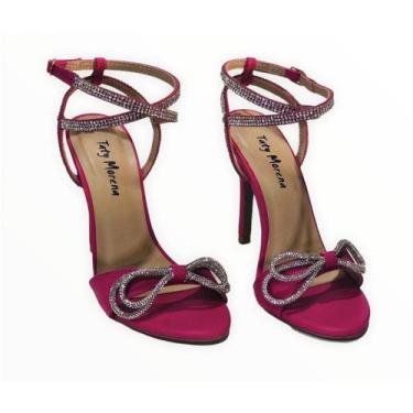 Imagem de Sandália feminina salto fino strass laço - Taty Morena calçados, Rosa,