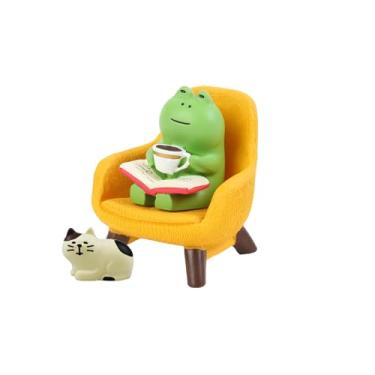 Imagem de Estatuetas de sapo em miniatura, escultura de sapo fofo bebendo café com decoração de mesa de gato, estátua de sapo de resina para estante de livros, acessórios de painel de escritório, presentes de