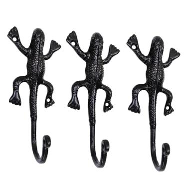 Imagem de AYZCORP Conjunto de 3 ganchos de ferro fundido em forma de lagarto para decoração de arte de parede - cabides em forma de lagarto e porta-chaves - cabide de roupas e mochila - ganchos para casaco,