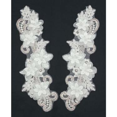 Imagem de Par de apliques de flores 3D, apliques de renda com acabamento de contas de costura, apliques de renda alencon com lantejoulas de strass acessório para vestidos e roupas (branco)
